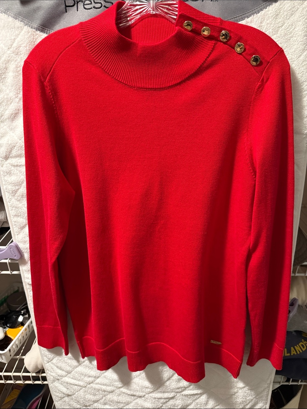 Calvin Klein Red Mock Neck Sweater with Gold Shoulder Buttons